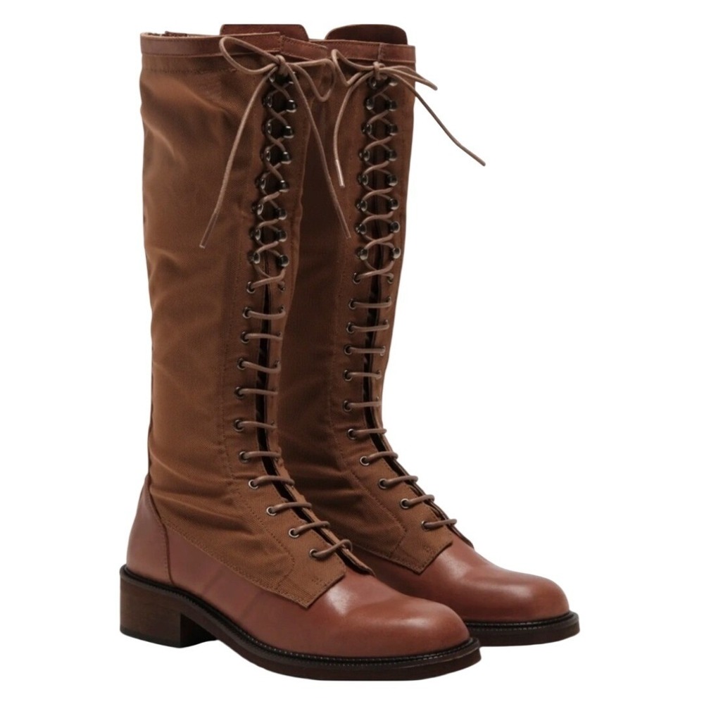 Free People Trickum Tall Boots Whiskey Leather Canvas Lace Up Rear Zip  NEW‎